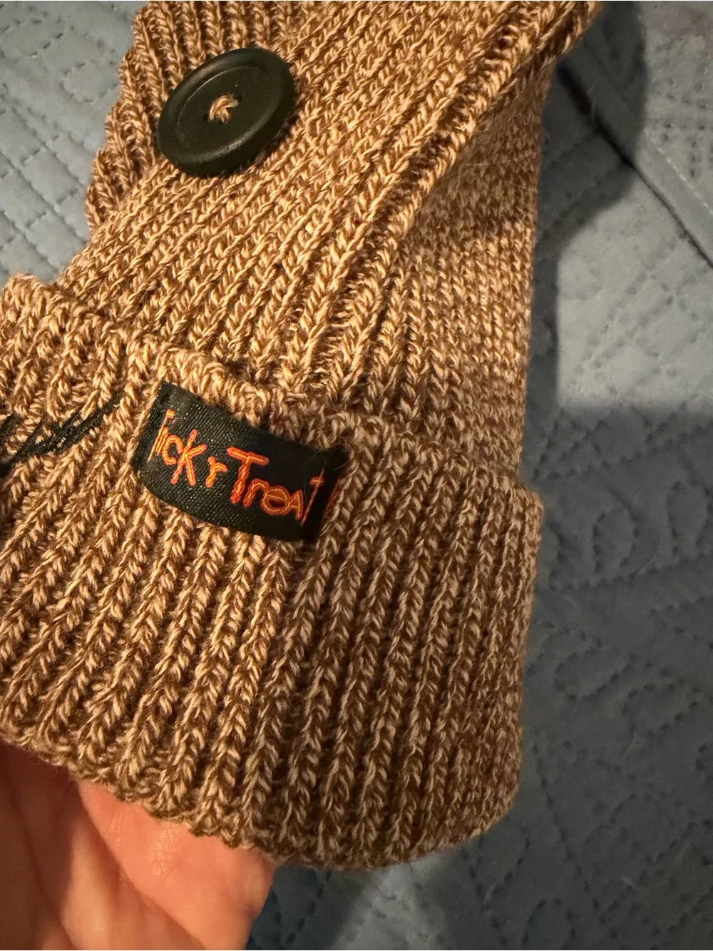 Spirit Brown Knit Kids Beanie with Button Eyes and Stitched Smile